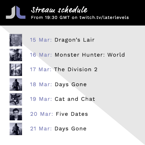LaterLevels's tweet image. More streams coming this week!

@Frostilyte will be taking Pete through #MonsterHunterWorld in another master-class tomorrow. And there's more FMV coming on Saturday with #FiveDates - watch out for a related poll tomorrow.