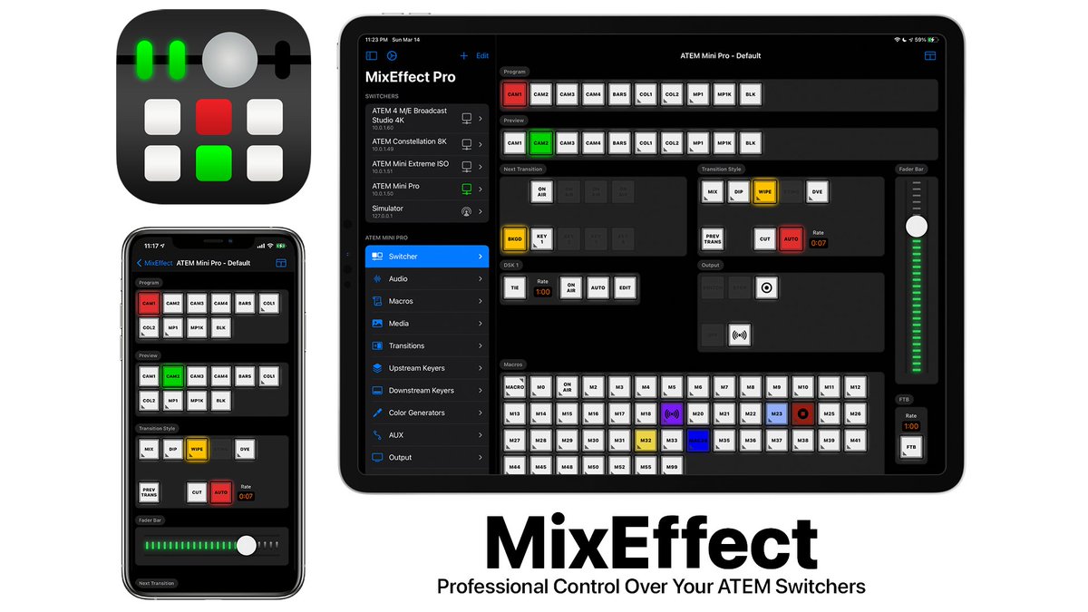 atow's tweet photo. The public beta of MixEffect is now available. If you’ve signed up for the MixEffect Newsletter, check your inbox for your TestFlight invitation. Your ATEM switcher just got a new best friend! #MixEffect @MixEffectApp https://t.co/uRs1Nawgxh https://t.co/Dzn7Db0ZLC