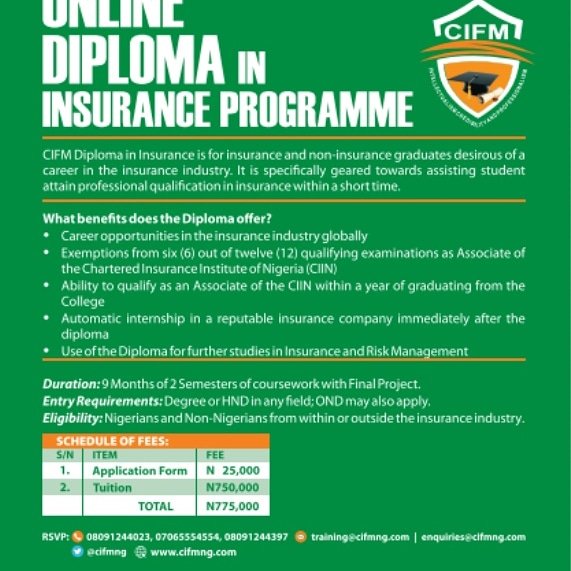 Make the best use of your time . Become an Associate of Chartered Insurance Institute of Nigeria within a year of completion of the CIFM Diploma program.