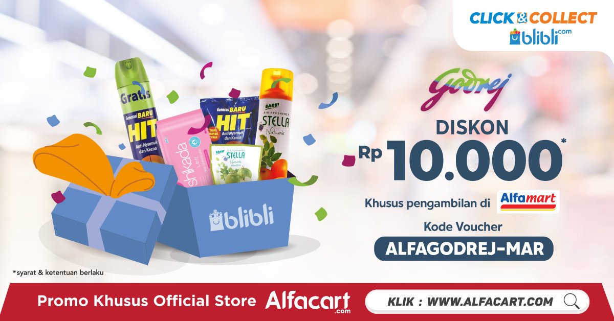 Alcartian! Produk homecare Godrej seperti Mitu, Hit, Stella dan produk lainnya lagi potongan 10ribu di Blibli Click and Collect khusus pengambilan toko Alfamart lho! Yuk, belanja sekarang!

Klik link ini untuk nikmati promonya >> bit.ly/cncgodmar