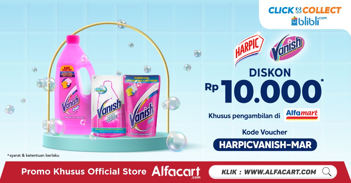 Alcartian! Lantai dan baju bersih dengan produk dari Reckitt Benckiser seperti Vanish dan Harpic! Beli produknya dapatkan potongan 10ribu di Blibli Click and Collect khusus pengambilan toko Alfamart

Klik link ini untuk nikmati promonya >> bit.ly/cncpicmar