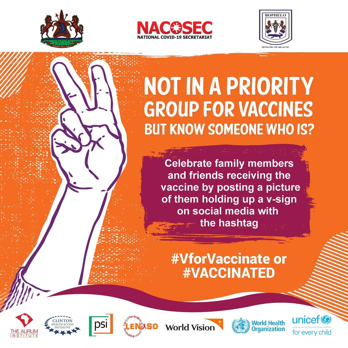 🗣Did you get your COVID-19 vaccine💉 or know someone who has?
Share with us why the vaccine is important, by posting a picture with the hashtag #VforVaccinate or #Vaccinated .

#UnicefLesotho #Lesotho #StaySafe