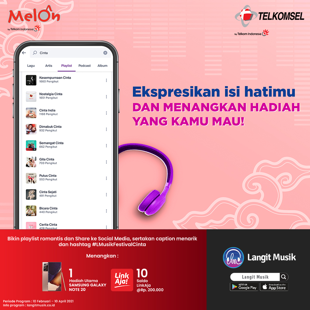 LangitMusik's tweet photo. Program terbaru Langit Musik hadir! Bikin playlist ala kamu dan tulis ungkapan isi hati kamu lewat caption #LMusikFestivalCinta
Menangkan hadiah menarik!
Periode Program : 10 Februari β 10 April 2020
.
Info Lebih lanjut https://t.co/MoDwxIYP8S
#giveaway #quiz #QuizTime #hpgratis https://t.co/M9un6emljP
