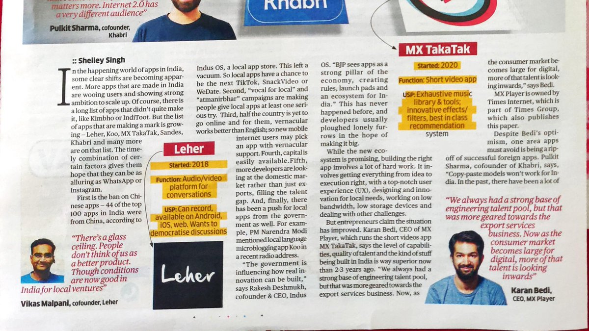 OriosVP's tweet photo. Orios portfolio co @leherapp is at the forefront of home-grown apps that are building from India, building for the world

Also featured: Khabri's @Pulkitsh5, MX's @karanbedi &amp; Koo's @aprameya

Good company to be in, @vikasmalpani

Link https://t.co/azVqpjtAK1

#startups #misfits https://t.co/Cqg0recOvn
