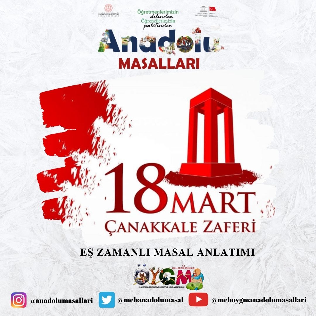 18 Mart Çanakkale Zaferi ve Şehitleri Anma Günü’nde eş zamanlı masal anlatımlarıyla öğrencilerimizle buluşuyoruz. 

<a href="/ziyaselcuk/">Ziya Selçuk</a> <a href="/safran1958/">Mustafa SAFRAN</a> <a href="/adnanboyaci/">Adnan BOYACI</a> <a href="/ukilic3/">Uğur Kılıç</a> <a href="/zgokhandogan/">Zübeyir Gökhan DOĞAN</a> <a href="/esinkavga/">Esin KAVGA</a> <a href="/evrimolcer1/">evrimolcer</a>