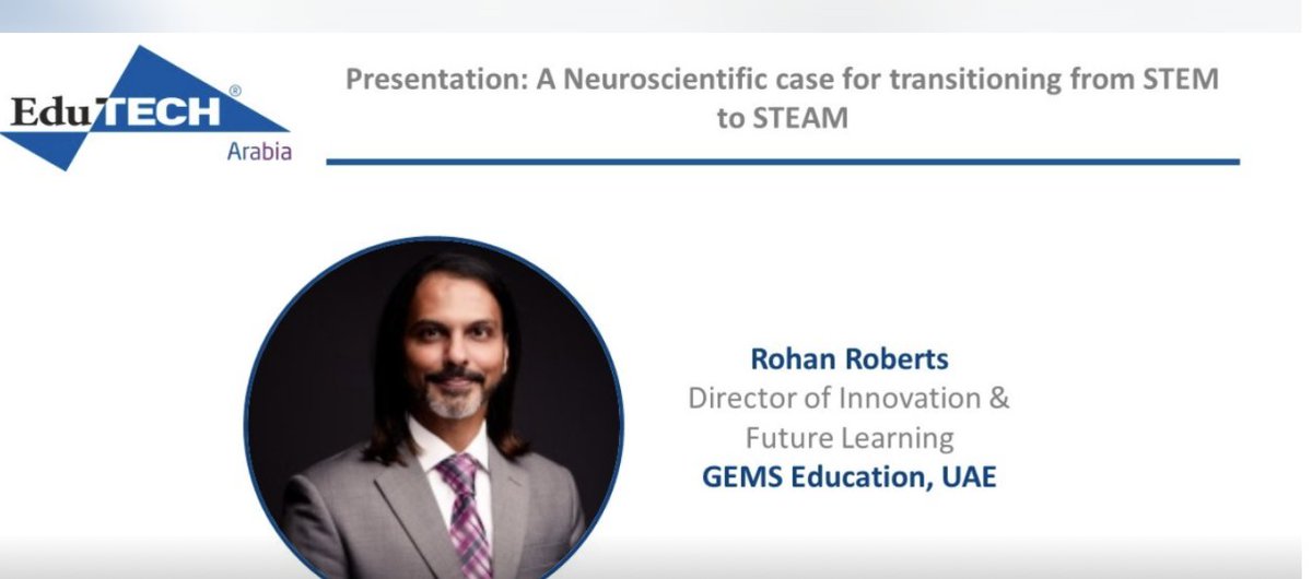 Great discussions are underway at #EduTechArabia today. I am particularly looking forward to @RohanRoberts upcoming presentation on #neuroscience &amp; #STEAM in #education <a href="/EduTechArabia/">EduTech Arabia</a>  <a href="/EduTechArabia/">EduTech Arabia</a>