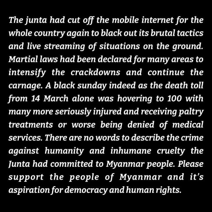 KtzPhyo's tweet photo. The junta had cut off the mobile internet for the whole country again to black out its brutal tactics and live streaming of situations on the ground. #WhatsHappeningInMyanmar #CrimesAgainstHumanity https://t.co/yPKbakrBOx