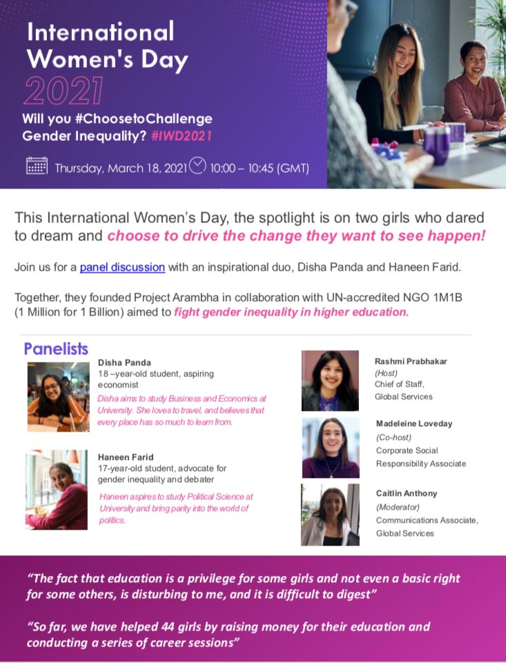 We are so delighted to speak at the #InternationalWomensDay event at @FinastraFS on 18th Match 2021 

Register in hear us out - primetime.bluejeans.com/a2m/register/g…

@Ttall @DianaAward @Activate1M1B @unhabitatyouth @YouthKiAwaaz @NiliMajumder 

#Impact2021 #genderequality #1m1b #girlpower