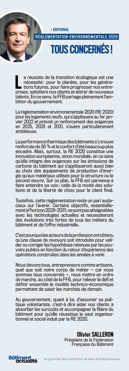 📰 Découvrez l'édito du #BâtimentActualité n°5 : "Réglementation environnementale 2020 : tous concernés !"
Nous devons tous nous mettre en ordre de marche aux côtés de la <a href="/FFBatiment/">FFB</a> pour relever le défi.

#RE2020 #logement #TransitionEcologique