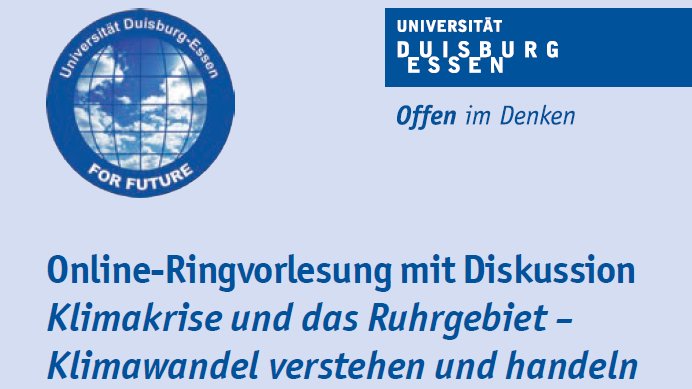 📅summer term 2021

We are pleased that UDE4future @unidue has organized a lecture series with the topic '#ClimateCrisis and the #RuhrArea - #understanding and #acting on #climateChange'
Many renowned researchers, among them JUS speaker Prof. S. Moebus 

👉uni-due.de/ude4future/rin…