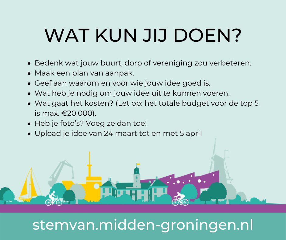 Heb jij een leuk idee bedacht? Denk dan alvast aan onderstaand lijstje om je idee vanaf 24 maart in te dienen. Heb je hulp nodig? Neem dan contact op met de griffie via griffie@midden-groningen.nl