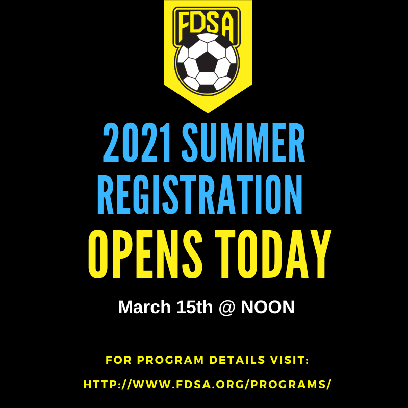 2021 Summer Registration OPENS today at NOON! We're looking forward to a great summer of soccer. Yellow Phase allows return to game play = return to more regular programs
Program details - ow.ly/kwdv50DYFFj
Registration details - ow.ly/2ms850DYFFQ
#soccerReg'n #FDSA