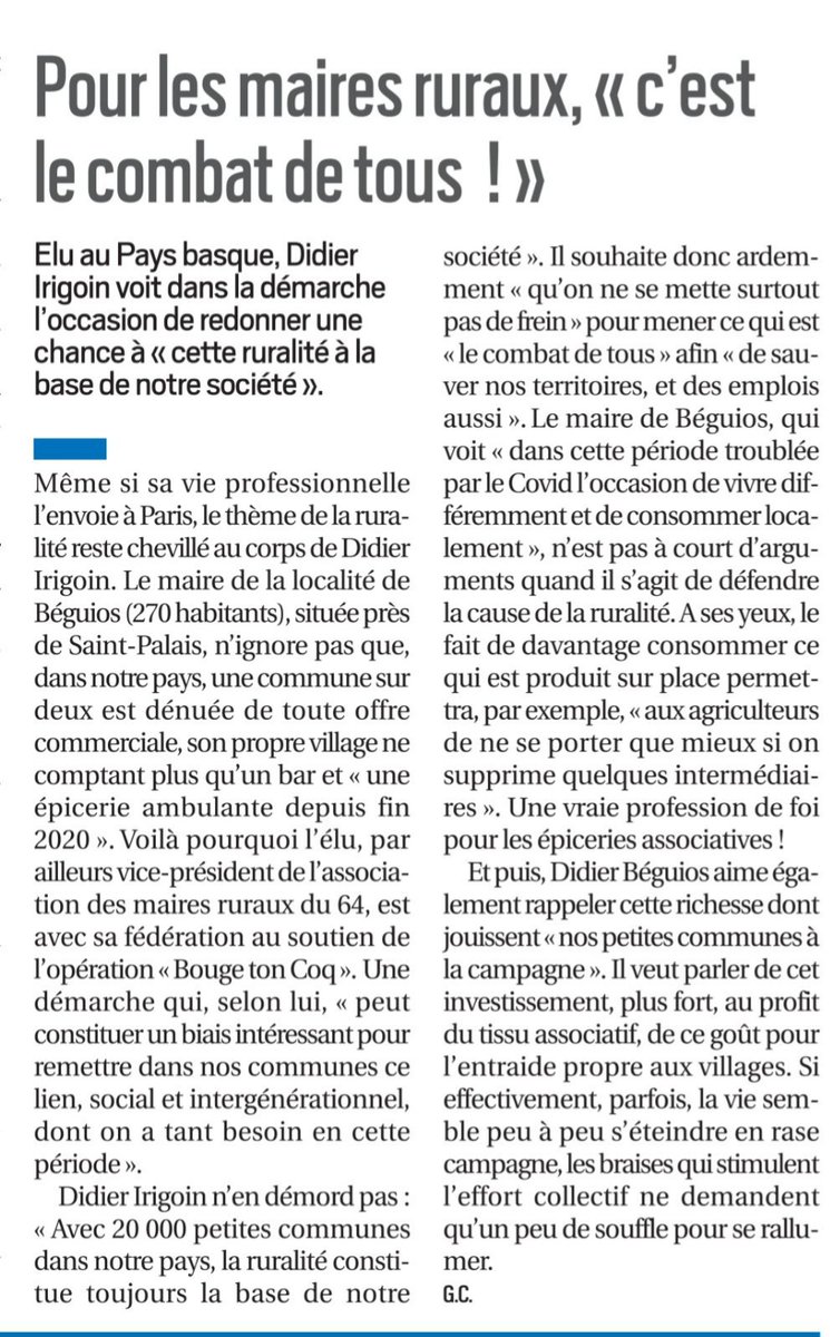 Retrouvez l'article sur <a href="/LaRepDpyrenees/">La Rép des Pyrénées</a> où je rappelle mon engagement pour la défense des #territoiresruraux 
<a href="/SO_Pau/">Sud Ouest Pau</a> <a href="/SO_Paysbasque/">SO_Paysbasque</a> 
<a href="/LaSemaineduPB/">La Semaine du PB</a> 
@Bleu_Basque