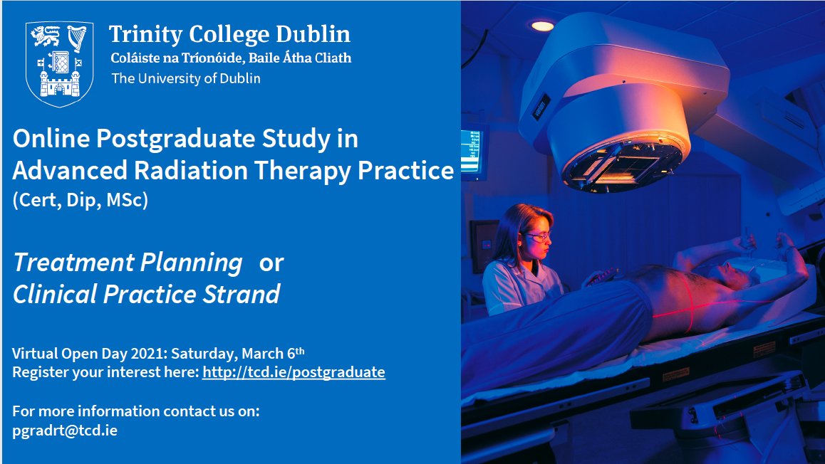 Interested in study for an MSc in radiation therapy? All of our study options are fully online.  More details on our full range of postgrad options here: tcd.ie/medicine/radia… or email us at pgradrt@tcd.ie for more info #thinktrinity #cpd #rtt