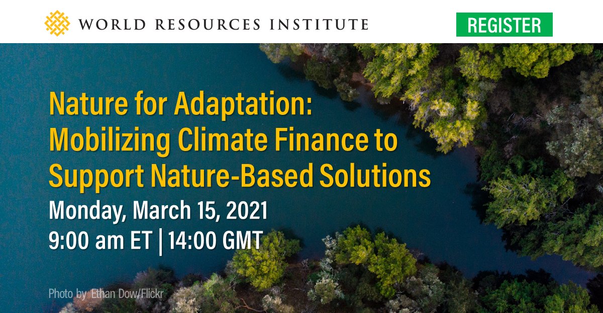 📣Happening today🌎🌍🌏

Join the experts - @CanAmbClimate, @ManishBapnaWR, @abarnwal, @StacySwann, @ClimateFinAdv,@cristina_rdr & more in discussions on mobilizing climate finance to support #naturebasedsolutions.

Sign up:ow.ly/y1US50DV8mC
@WorldResources 

#AdaptOurWorld