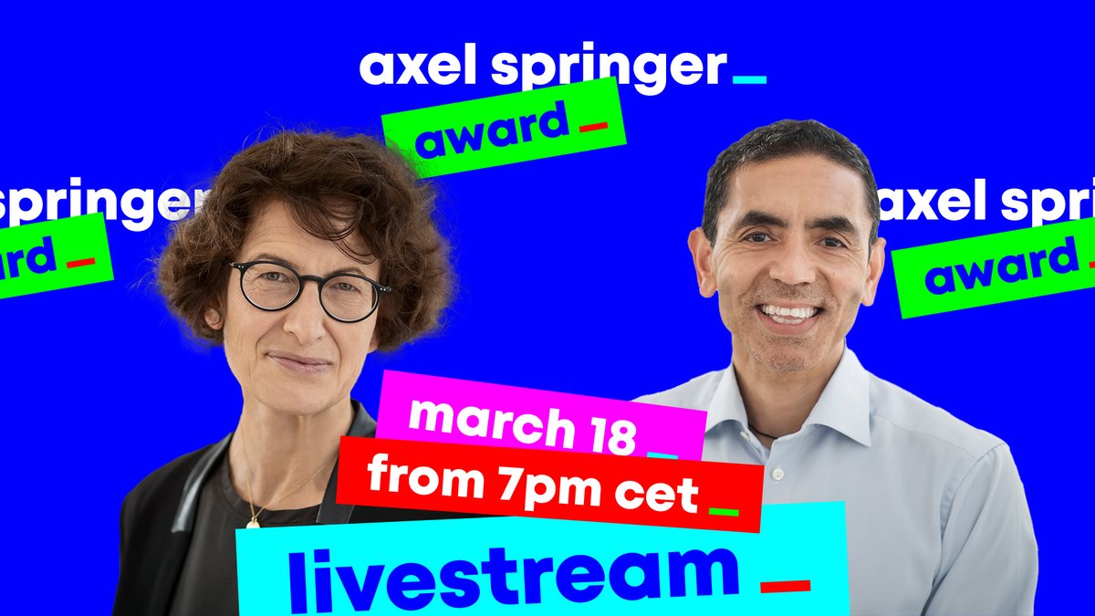 axelspringer's tweet photo. Liveübertragung am 18. März: Özlem Türeci und Uğur Şahin erhalten Axel Springer Award https://t.co/yucItrlYP3 https://t.co/2vvWhPni4B
