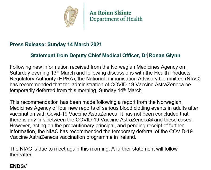 Ireland suspends rollout of AstraZeneca Vaccine after reports from Norway of serious blood clotting in some recipients there. #COVID19Vaccine