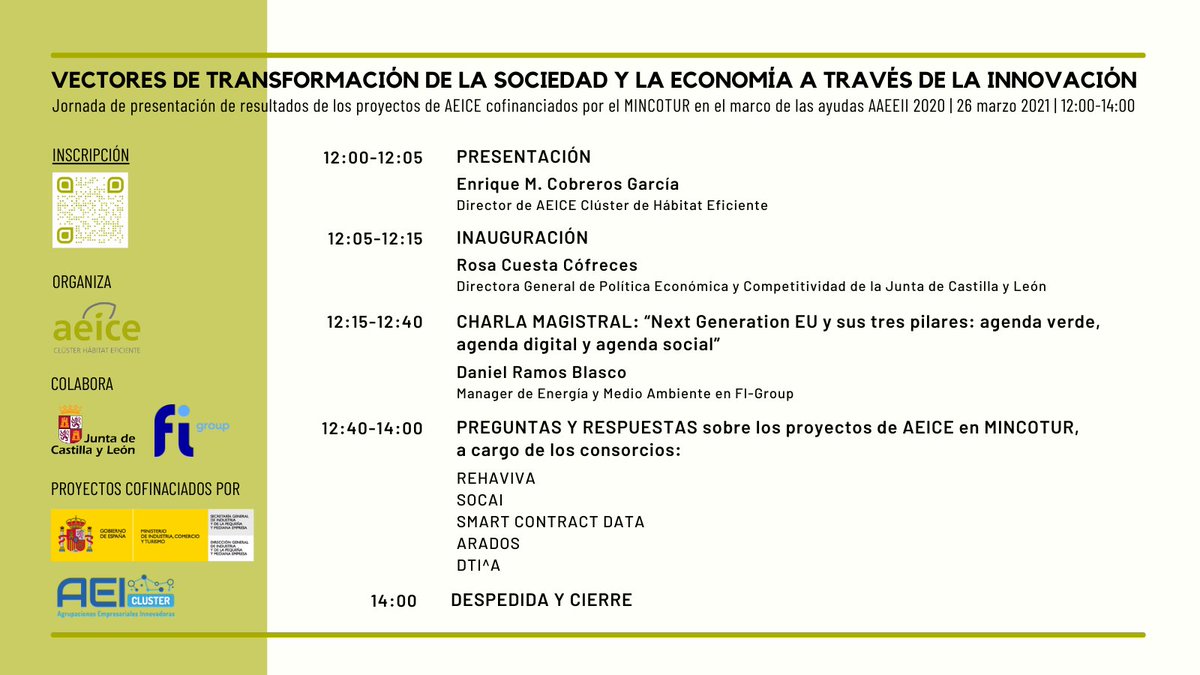 ClusterAeice's tweet photo. Jornada de presentación de resultados de los #proyectos @mincoturgob #2020... ¡inscripciones abiertas! 👌
📅 26 #marzo
🕛 12:00-14:00h
📹 online
✍️ https://t.co/h5ee6Ytz0R
#ARADOS #DTI^A #REHAVIVA #SMARTCONTRACTDATA #SOCAI
@jcyl @FIGroupES https://t.co/Vj0qc27qRI