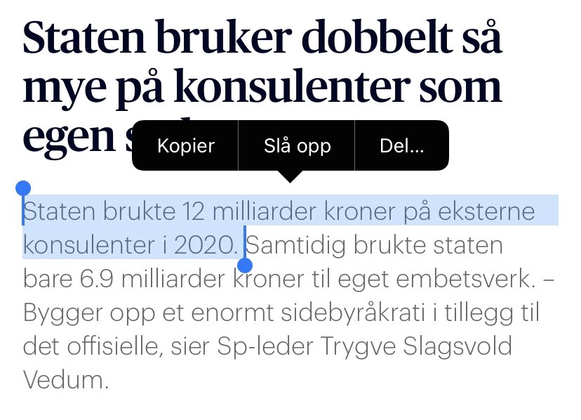 mimirk's tweet image. Staten brukte 12 milliarder kroner på eksterne konsulenter i fjor. 

Som Høyre pleier å si når noen vil innføre gratis offentlig tannhelse: 

12 milliarder er et stort beløp.