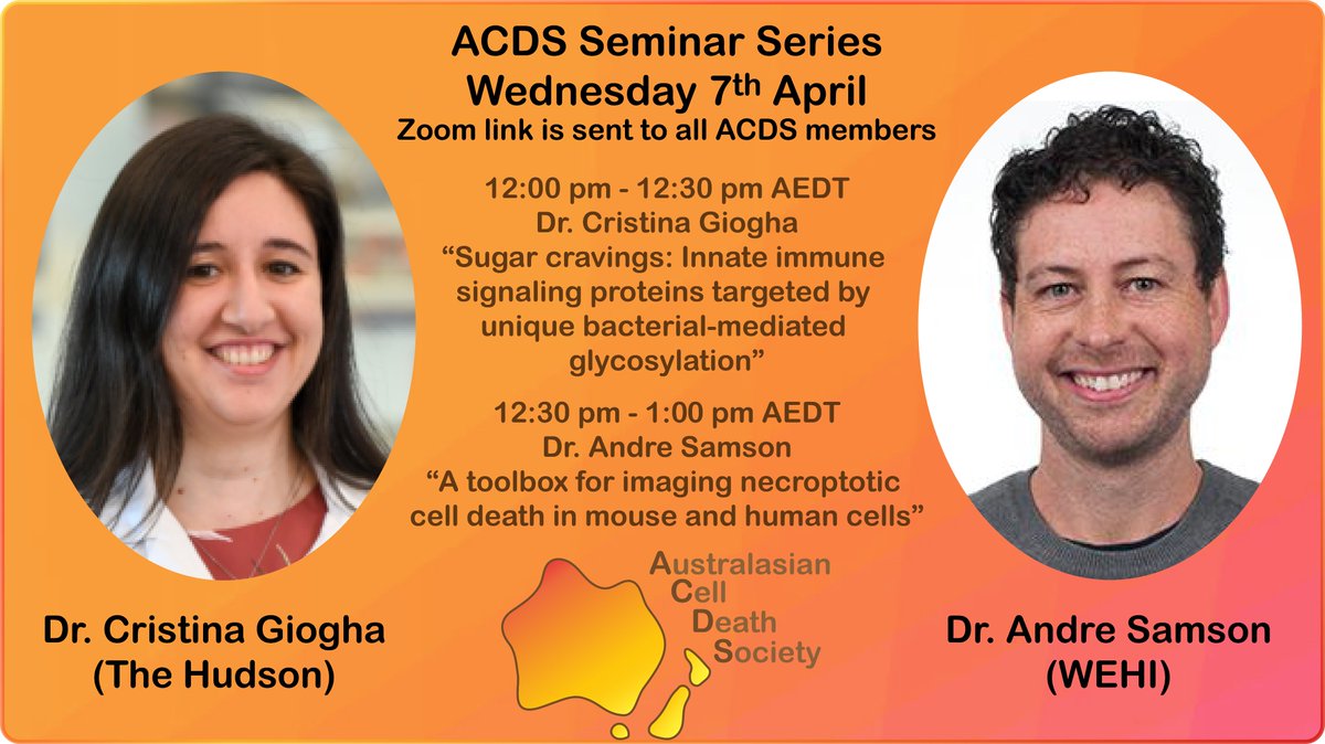 Australasian Cell Death Society (@auscelldeathsoc) on Twitter photo The #ACDS is back again in April for our next installment of #celldeath seminars!🤩
We will delve into the fascinating world of #glycosylation with <a href="/CGiogha/">Cristina Giogha</a> from <a href="/CiiiD_Hudson/">CiiiD Hudson</a>. Then, <a href="/AndreSamson15/">Andre Samson</a> from <a href="/WEHI_research/">WEHI (Walter and Eliza Hall Institute)</a> will showcase his magnificent tools for imaging #necroptosis. The #ACDS is back again in April for our next installment of #celldeath seminars!🤩
We will delve into the fascinating world of #glycosylation with <a href="/CGiogha/">Cristina Giogha</a> from <a href="/CiiiD_Hudson/">CiiiD Hudson</a>. Then, <a href="/AndreSamson15/">Andre Samson</a> from <a href="/WEHI_research/">WEHI (Walter and Eliza Hall Institute)</a> will showcase his magnificent tools for imaging #necroptosis.