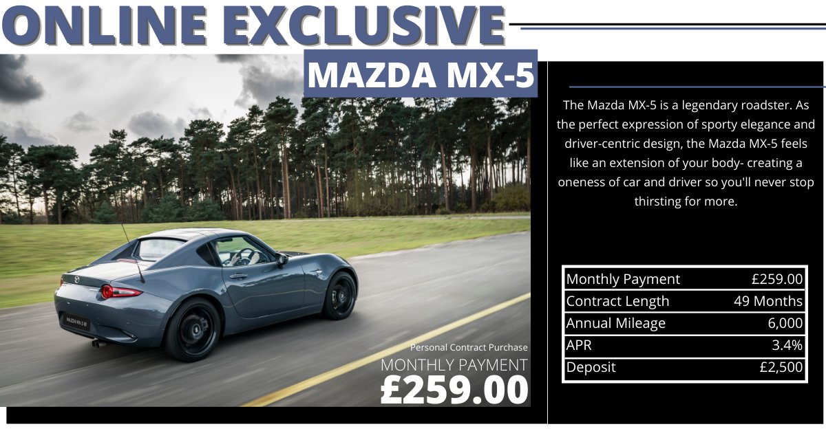 green4motor's tweet photo. 𝗢𝗙𝗙𝗘𝗥 𝗢𝗙 𝗧𝗛𝗘 𝗪𝗘𝗘𝗞⚡
⠀
Don't miss out on this amazing Mazda MX-5 offer!  You can now browse, click &amp; collect/ deliver all our Mazda offers online now↓
🌎 https://t.co/vikvmwyBOz

#mazda #cardealership https://t.co/u0jnxWMjqy