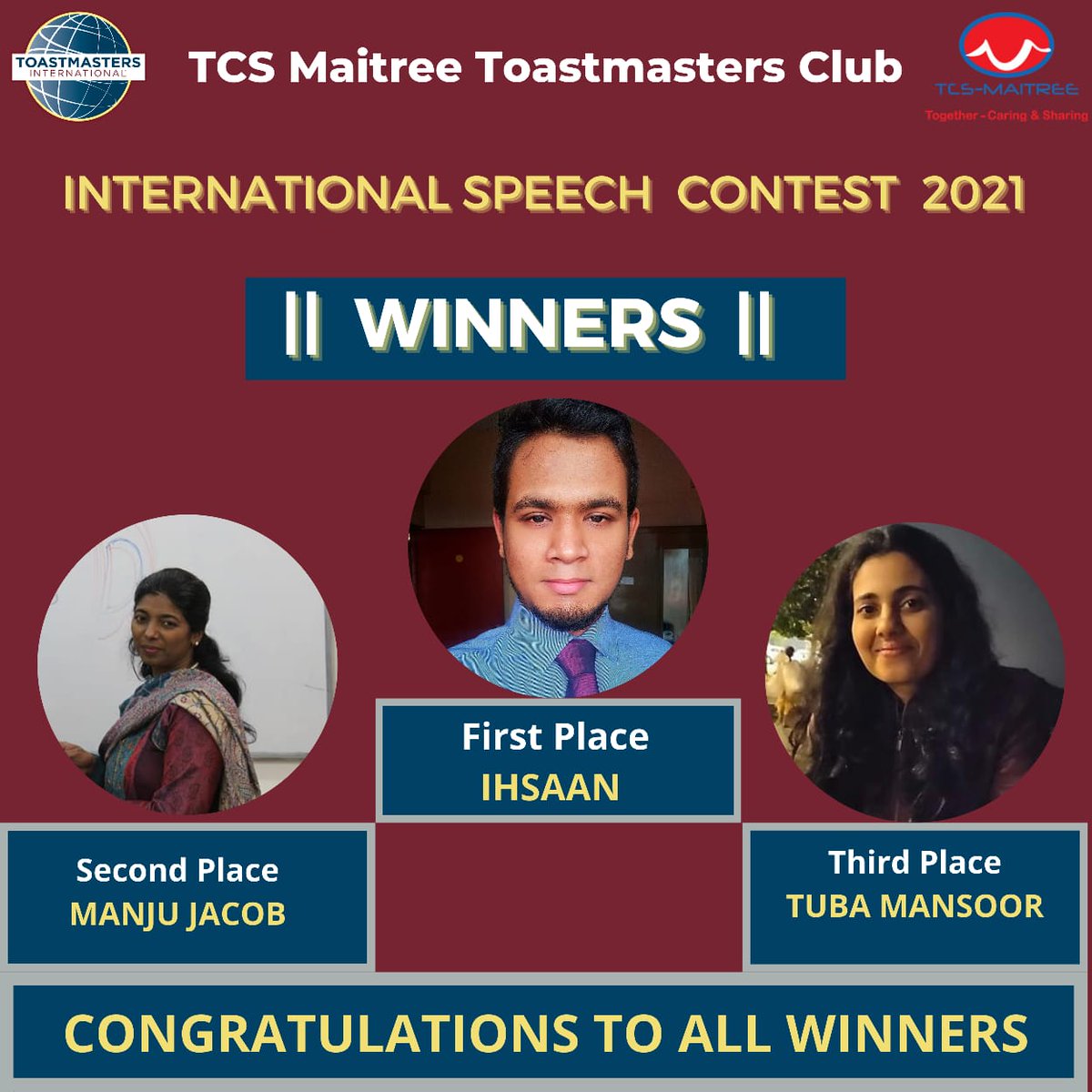 TMTCMumbai's tweet photo. Thank you for attending the International Speech Contest 2021 of TCS Maitree Toastmasters Club! 😁
Congratulations to all the winners and contestants!💐👏🏼

All the best Ihsaan for the Area Level contest! 🤩

#PublicSpeaking #Toastmasters #ToastmastersInternational #TCS #TCSMumbai https://t.co/EqlunhBHhT