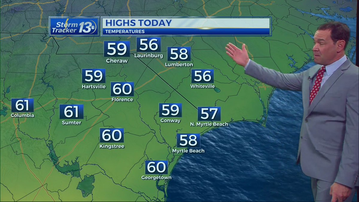 jhopkinswx's tweet photo. Mostly cloudy skies remain as temps cool down today. Showers move back in tonight as we warm up this week. Here's your full forecast:--> https://t.co/CHJfr8EuTE #Weather #Forecast #MyrtleBeach #GrandStrand #Carolinas https://t.co/R3vcY8RBXN