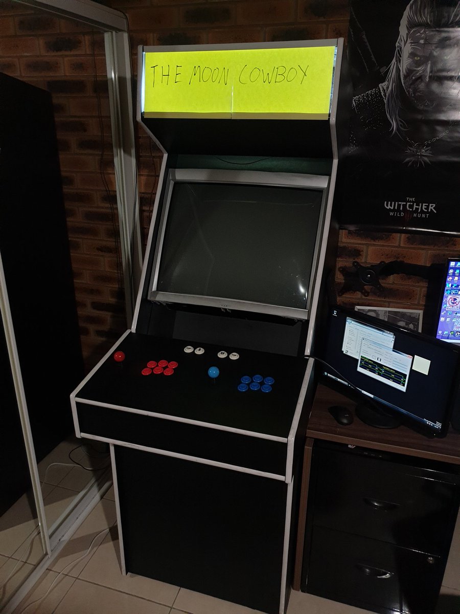 LeviStenton's tweet photo. Almost done! No "professional" decals yet.
The CRT we had before broke, so there's a new one in it. 
Sadly we have to want for the arcade chassis to arrive in a month so it'll have to be played on a monitor for now. https://t.co/0gPSXyPODt