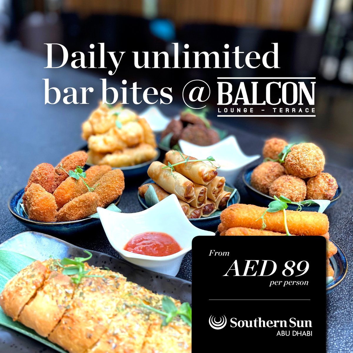 Enjoy a 3-hour eating spree at Balcon.  For AED 89 per person, you'll have unlimited tasty bar bites served to your table from 6pm to 9pm.

Call 02 818 4888 to book.

#DrinkResponsibly 
#Unlimited #Food #Bites #inabudhabi #abudhabibar  #dailyoffers #abudhabifoodies #yoUAE
