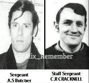 15th March 1972 - 23708134 SSgt Christopher R. Cracknell, &amp; 23968517 Sgt Anthony S.Butcher RAOC - who were tasked to a suspect vehicle in Willow St, Belfast. On dealing with a device that appeared to be an RCIED that had failed, the device functioned killing them both instantly.