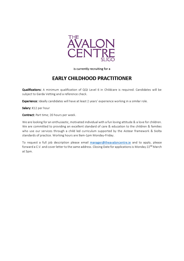 ****VACANCY****
Early Childhood Practitioner (Part-Time).
Closing Date - Monday 22nd March at 5pm.
@SligoLeader <a href="/SligoPPN/">Sligo PPN</a> <a href="/sligohub1/">Sligo Hub</a> <a href="/SligoChampion/">The Sligo Champion</a> <a href="/SligosBuzzin/">Sligo'sBuzzin</a> <a href="/SligoCCC/">Sligo County Childcare Committee</a>