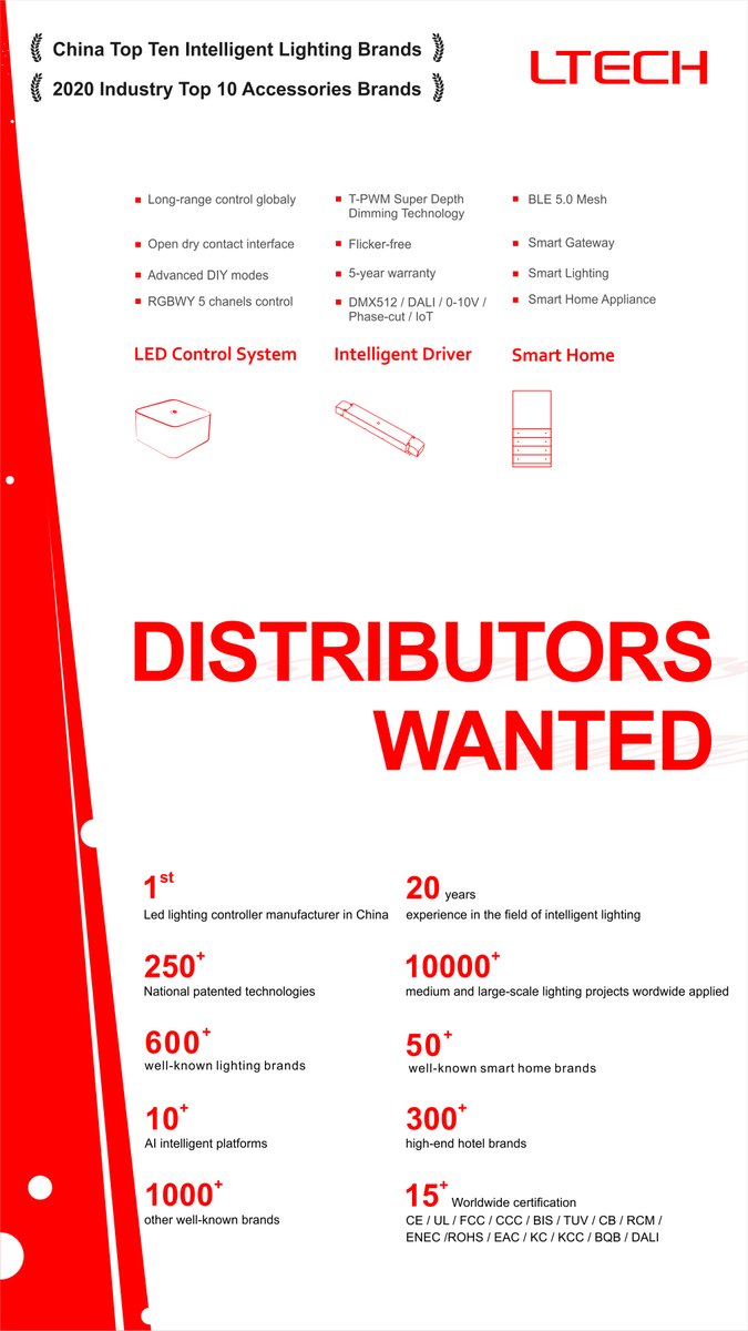 #Distributor partners wanted globally! #LTECH
What available here? LED Controllers + Dimmable Drivers + Smart Home.
#dmx #dali #Triac #SPI #Artnet #RGB #CCT #RGBWY #dimming #tunablewhite #Lutron #Madrix #dimmable #driver #smarthome #bluetooth #WIFI #wireless #interiorlighting