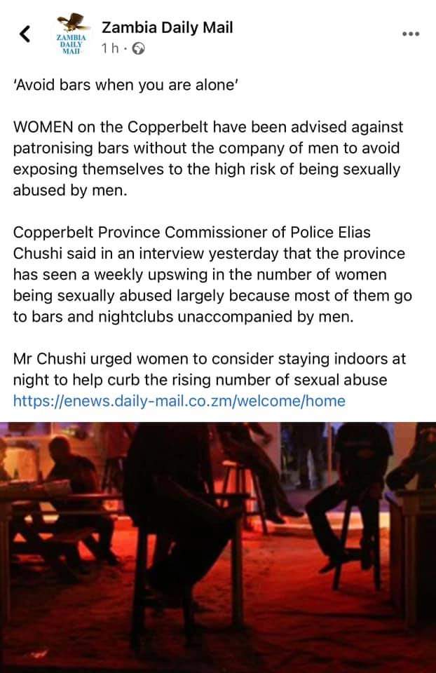 At a time when #women are fighting for #EqualRights #FreedomOfExpression #freedomofmovement #freedomofassociation. In #Zambia women are being told to avoid going to bars alone. What's wrong with our country that they have to blame women for what men do.