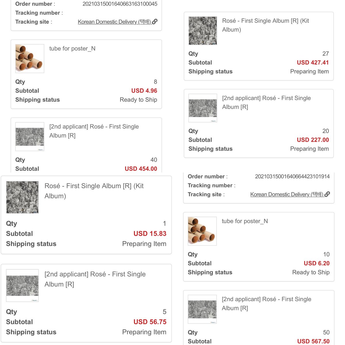 tzexin0616's tweet photo. #XinUpdate #XinProof 

Blackpink Rosé 1st Single Album [R]

Done submitted order for all the orders I received☺️
Total orders are 311 albums🎉
Thank you for your support🙏🏻

You may check your order here: https://t.co/JkcfLORs4g

⚠️Please do send me a DM if there is any mistake https://t.co/S2SXIILee6