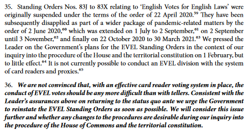 DanielGover's tweet photo. Latest @CommonsProcCom report on procedure under Covid restrictions includes, among other things, a note on continued suspension of #EVEL. EVEL has now effectively been suspended for almost a whole year. @ProjectEVEL https://t.co/GABSFfU2zi