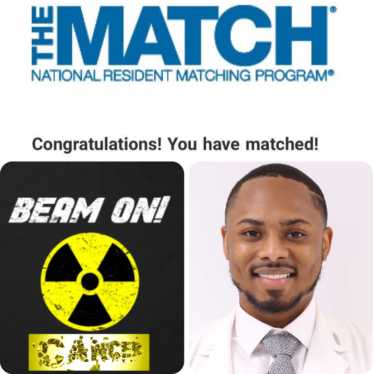 I am going to be a radiation oncologist! I can’t wait to start zapping cancer and saving lives!  ☢️👨🏾‍⚕️

#PagingDrWhite #MatchDay2021 #Match2021 #MatchWeek #IssaMatch #RadOnc #WhiteCoatsBlackDoctors #BlackDoctorsMatter #IHaveAJobNow #MedTwitter