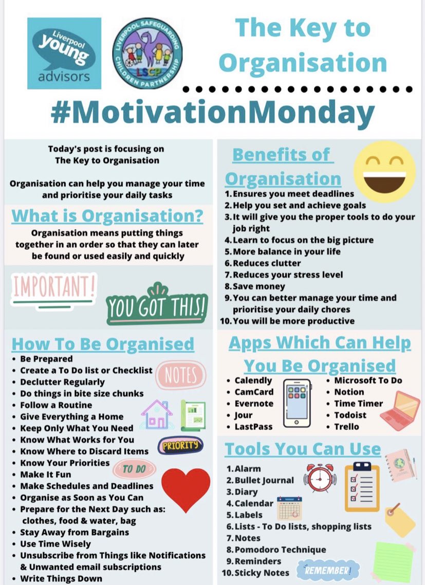 _Liverpool_YAs's tweet photo. 🌟 It’s #MotivationMonday !! Take a look at how you can keep yourself organised, especially helpful for young people transitioning to face-to-face learning or those struggling with working/learning online! 🤩#TheTogetherProject #Organisation #WFH https://t.co/e7IlbthSx4