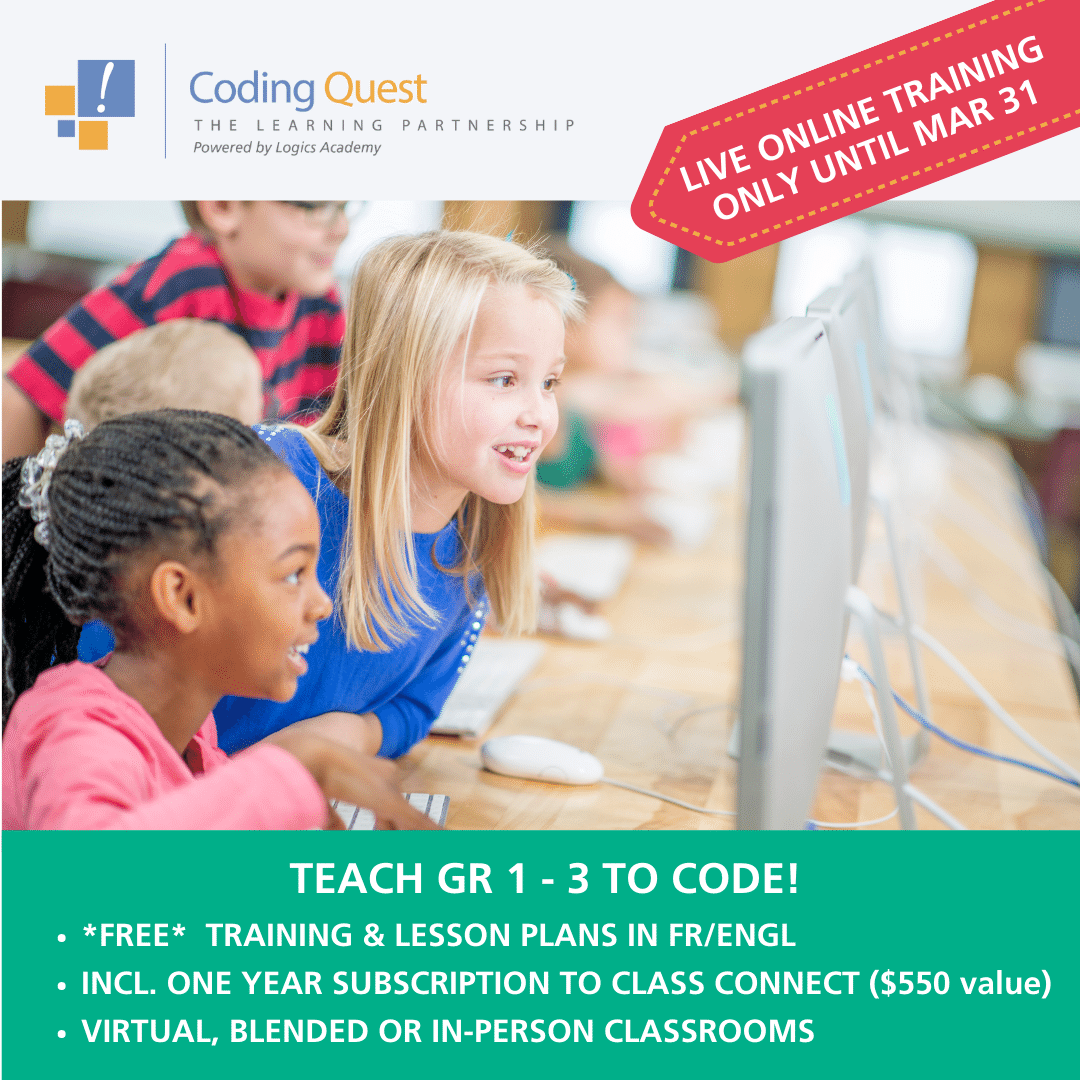 LOGICSAcademy's tweet photo. FREE Coding Quest Program for Grades 1-3 includes 1yr of access to Class Connect and Dash's Neighbourhood. LIVE TRAINING ENDS MARCH 31st, BOOK NOW @TLPcanada 
 https://t.co/Oy7DMGnKqk 

Learn more at https://t.co/kk7k73Viks #LogicsAcademy #TheLearningPartnership #codingquest https://t.co/Ko8iXS1Clm