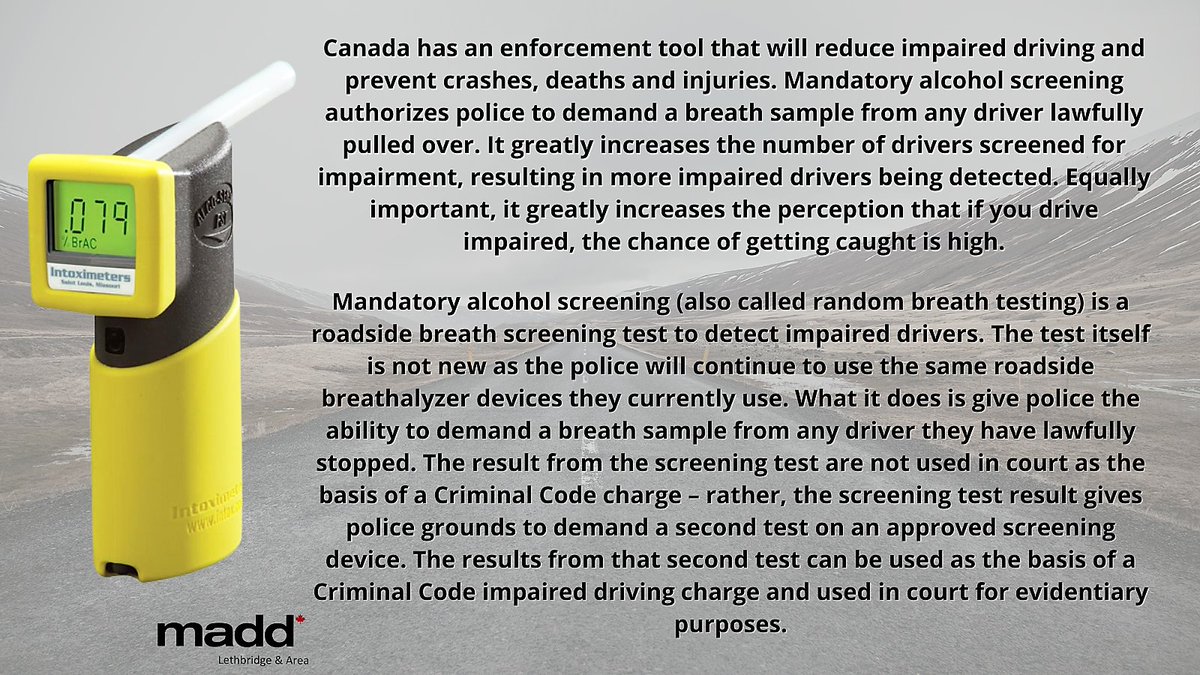 MADDLethbridge's tweet photo. What is Mandatory Alcohol Screening? #maddlethbridgearea #maddcanada #mandatoryalcoholscreening #stopimpaireddriving #Police #intoximeter #checkstop #nomorevictims https://t.co/djlY2rLjar