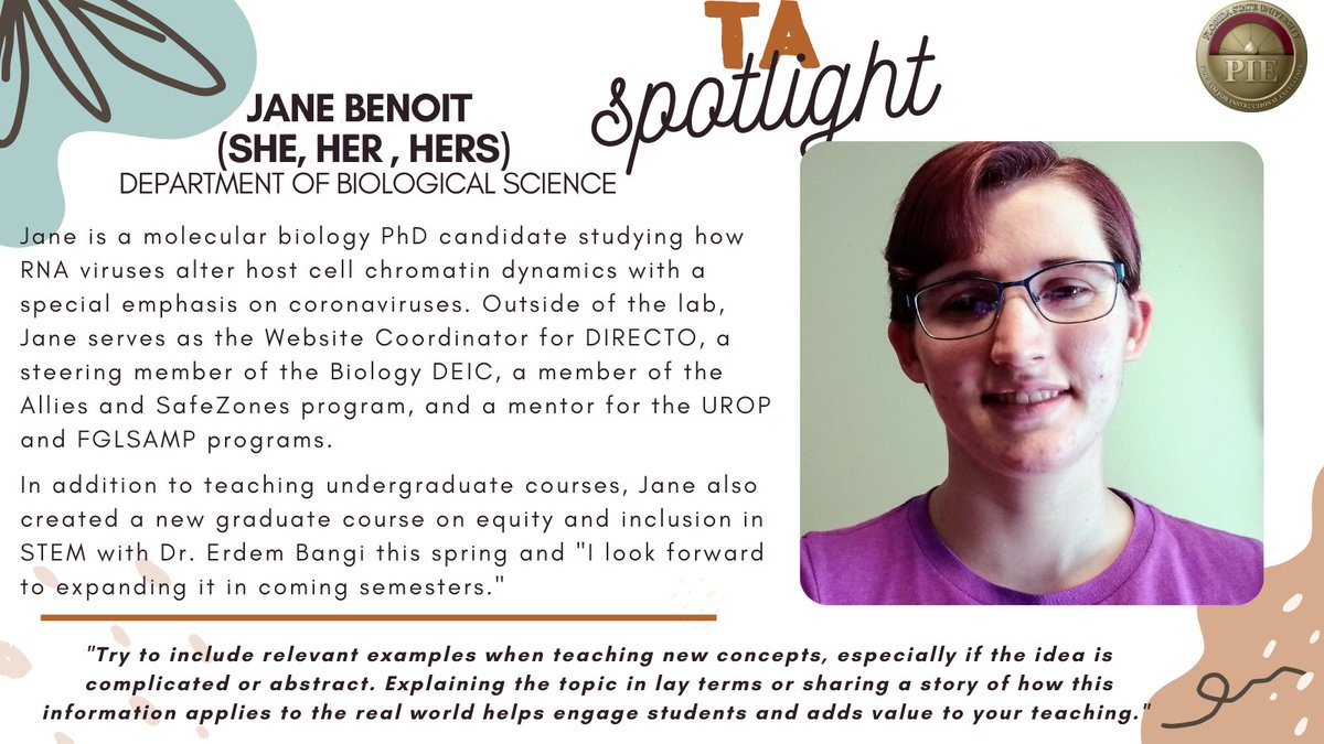 FSU_PIE's tweet photo. Jane Benoit @benoitjm2 from @fsubio is today's #TASpotlight, she's also a @fsu_directo member! Her tip,“Explaining [topics] in lay terms or sharing a story of how this information applies to the real world helps engage students and adds value to your teaching. Thanks Jane @FSUGS https://t.co/ATRAN7wG7l