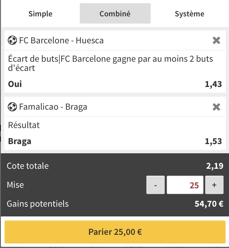 BenefPronos_'s tweet image. 🔱Safe du jour
🥩@2,19
⚽️Barcelone par 2 buts minimum + Braga 

🤑Bon match à tous !#TeamParieur 

❤️ &amp;amp; ♻️ Pour le soutien 

🛑Parrainage Winamax : winamax.fr/i/9nfega