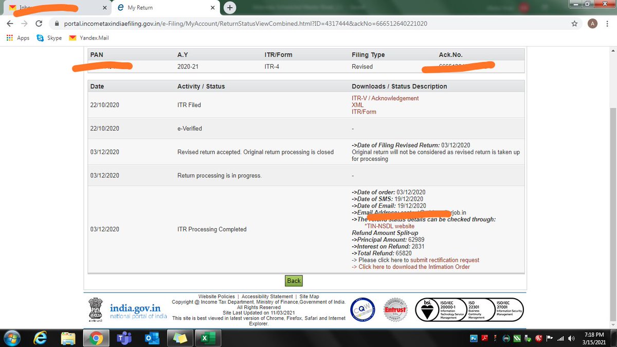 mannan_vhora's tweet photo. Dear Sir,
ITR has been processed on 3rd December 2020, another 3 months passed, still there is no Receipt of Refund, what about interest of another 3 months? This is genuine hardship to the honest taxpayers of India. @IncomeTaxIndia @PMOIndia @NSDLeGovernance 
#ITR #Refund #india https://t.co/9ytRMJgKPD