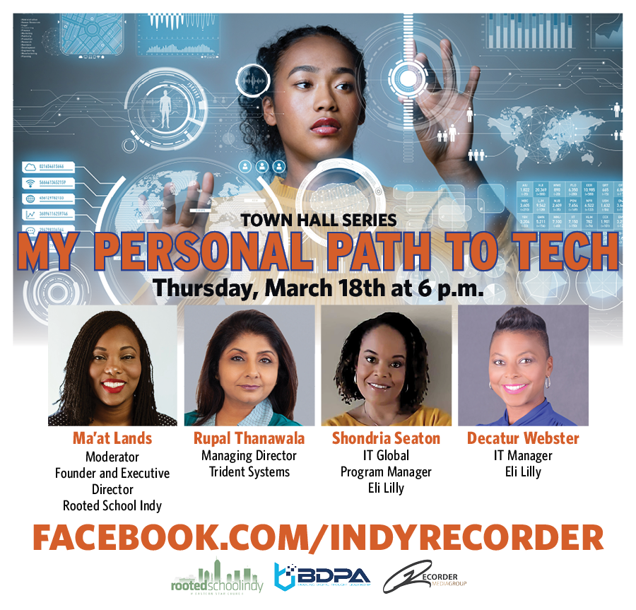 IndyRecorder's tweet photo. #SAVETHEDATE - Join @RootedIndy, The Indianapolis Recorder, and 3 dynamic #IndyTech leaders for an important discussion on how we can create equity and access for the future of young women in tech. 

#IWIT  #WomenInTech #TechCareers #RootedSchoolIndy #TechPipeline #BlackInTech https://t.co/KG0wSDBYau
