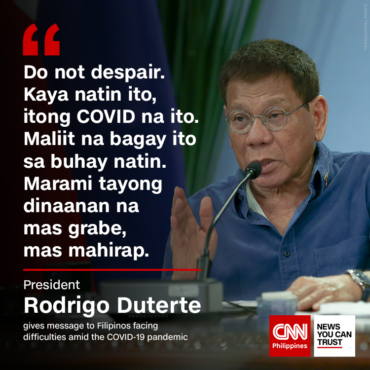 newswatchplusph's tweet photo. President Rodrigo Duterte tells Filipinos not to give up as the country marks the first year of lockdowns this week due to the COVID-19 pandemic. https://t.co/KzlUAfFxej