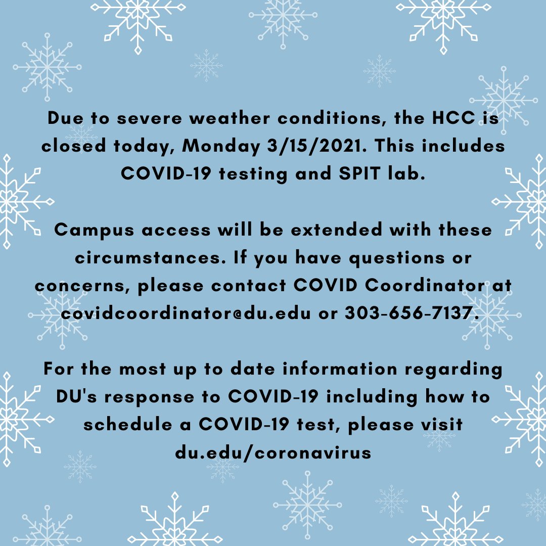 Due to severe weather conditions, we're closed today, Monday 3/15/2021. This includes COVID-19 testing and SPIT lab. Stay warm!