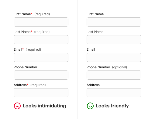 uxmovement's tweet photo. How do users perceive your form on first impression?

Marking required fields creates an intimidating first impression that scares users away from your form.

Mark optional fields instead for a friendly impression that makes them feel better about starting. https://t.co/WsnG6vU4jr