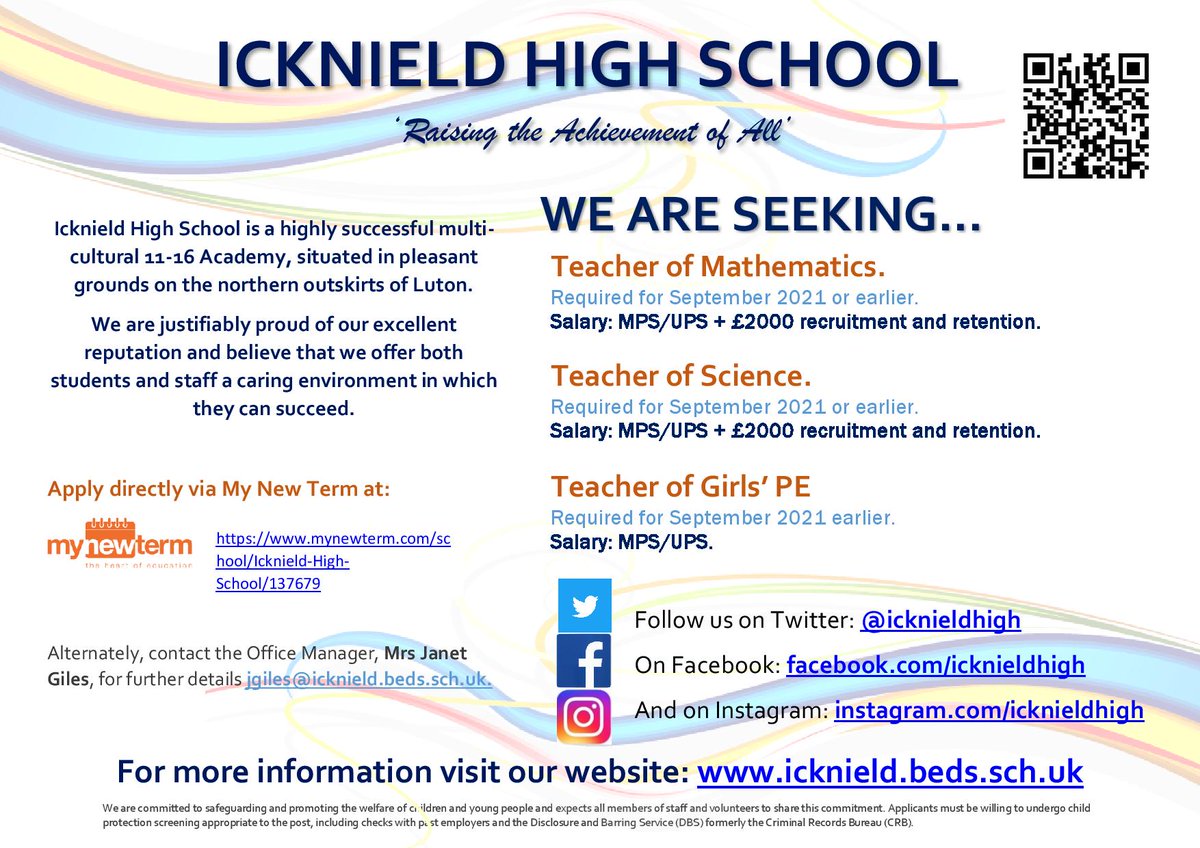 icknieldhigh's tweet photo. We have several exciting teaching posts which have gone live on @mynewterm today.
To read more about the posts and apply, please click on the following link:https://t.co/HByJDn4PgM
#teachingjobs #ukedjobs #EducationJobs #teachingvacancyuk
@BSTPSCITT @UoB_teaching @CTGtraining https://t.co/xKmaYsDR1t