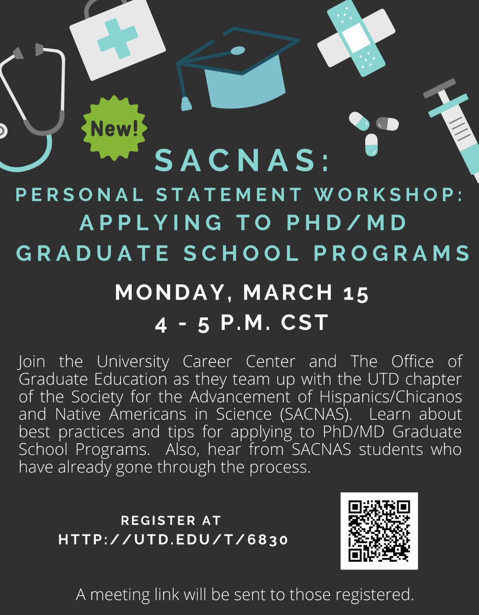 SacnasUTD's tweet photo. Interested in applying to an MD/PhD program? Join us today at 4 pm to learn how to become a successful applicant!🧑‍⚕️ https://t.co/8RloPnwjJt