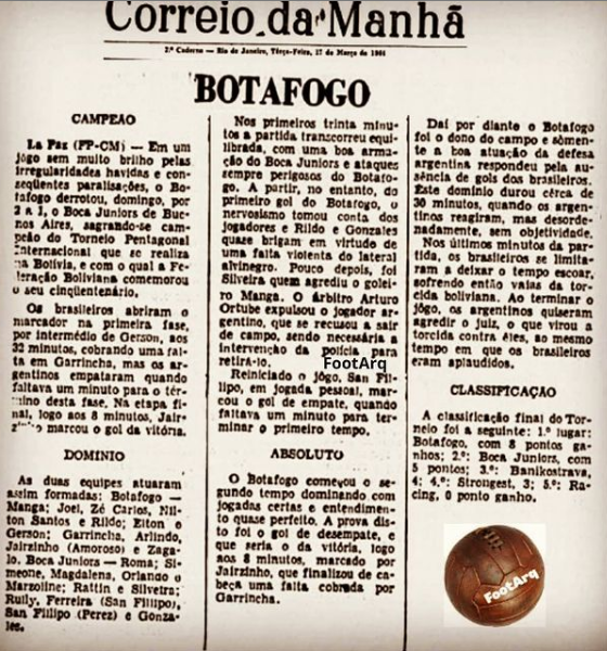 footarqMF's tweet photo. 1964 – O @Botafogo conquistou invicto o Torneio Jubileu de Ouro da Associação de Futebol de La Paz. 2x0 no Baník Ostrava (República Tcheca), 2x1 Racing (Uruguai), 2x0 The Strongest (Bolívia) e 2x1 Boca Jr (Argentina). Mais em https://t.co/TvIZ3bJciH - #botafogo #football https://t.co/VJCQYZS3YV