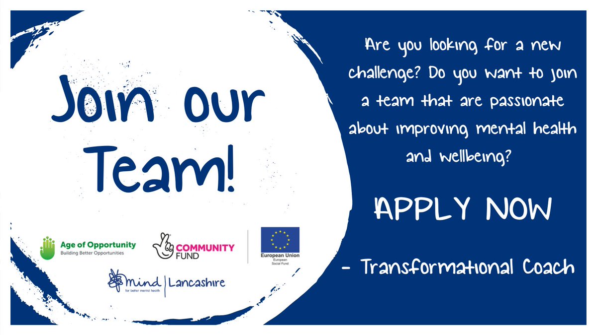 LancsMind's tweet photo. *DEADLINE 9AM TOMORROW*

Do you want to join a team that are passionate about improving mental health and wellbeing? We’re looking for inspiring individuals to join us.

We're recruiting for a Transformational Coach. 

Find out more and apply online here: https://t.co/86tBpGOfLg https://t.co/bhwh6Pwj2B